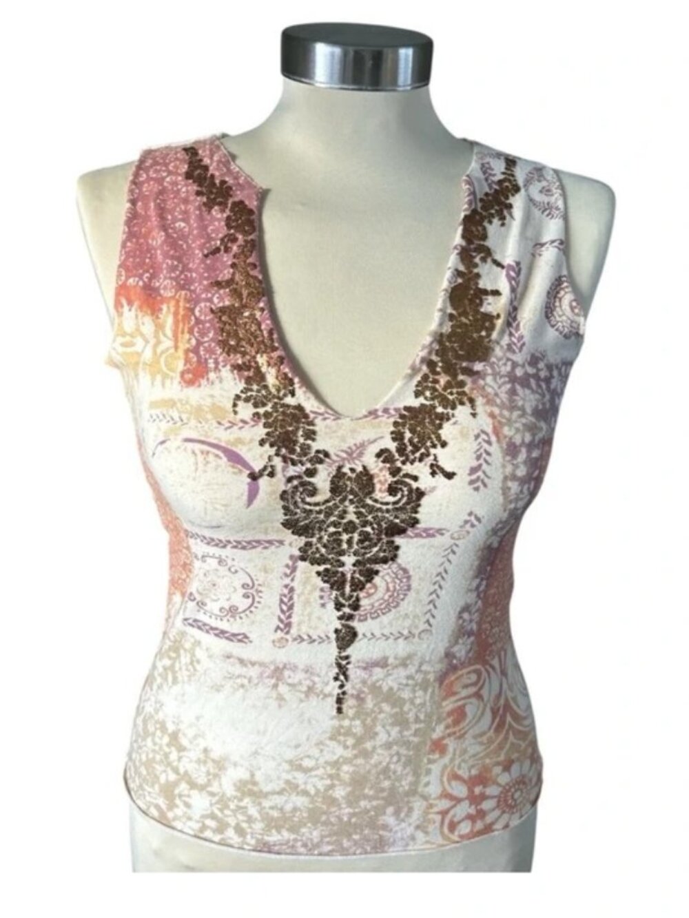 Vintage Cream & Orange Floral Print Deep V-Neck Tank Top – Women’s S / US 4–6